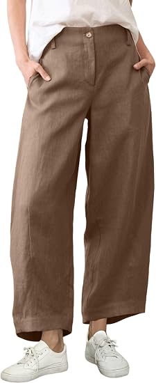 Women's Casual Baggy Linen Blend Pants, High Waisted Pull On Wide Leg Style with Pockets
