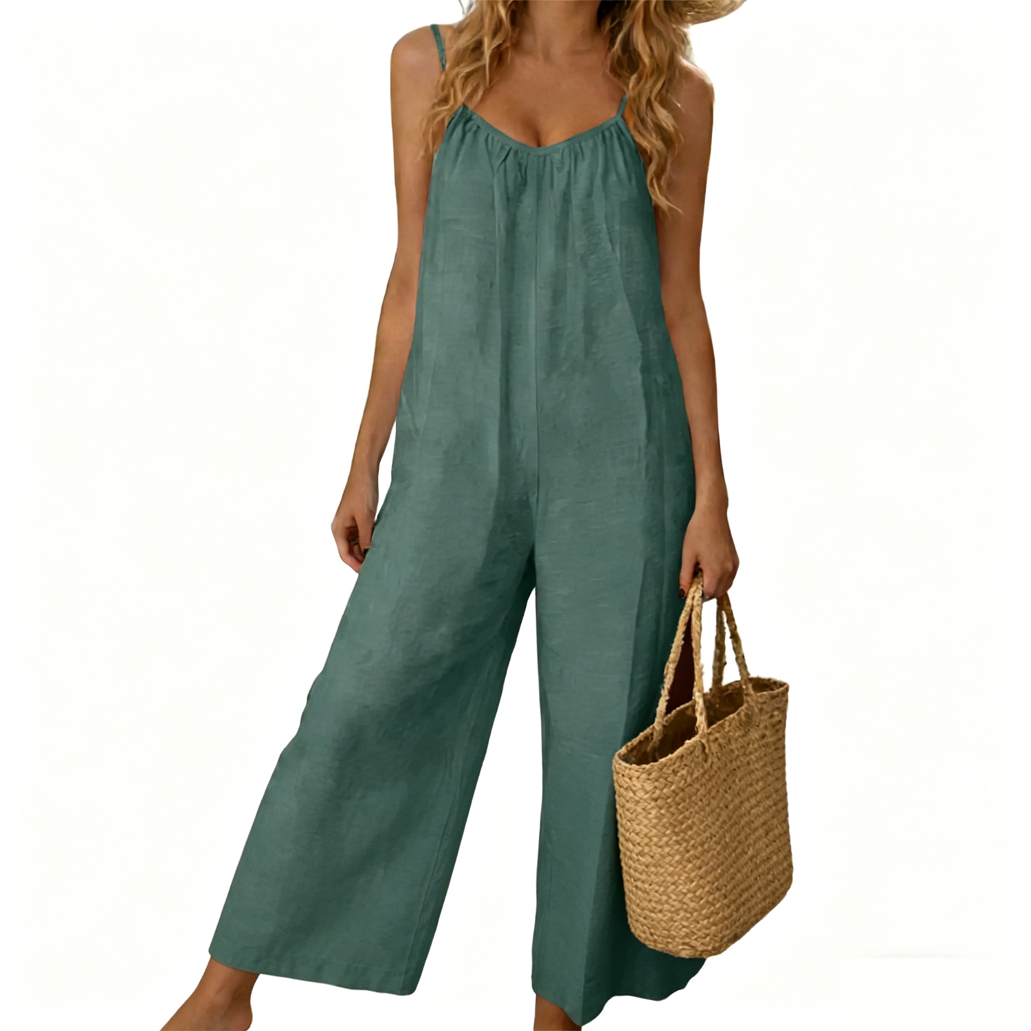 ⚡FINAL SALE⚡- Women's Sleeveless Tie-Back Long Wide-Leg Rompers with Side Pockets
