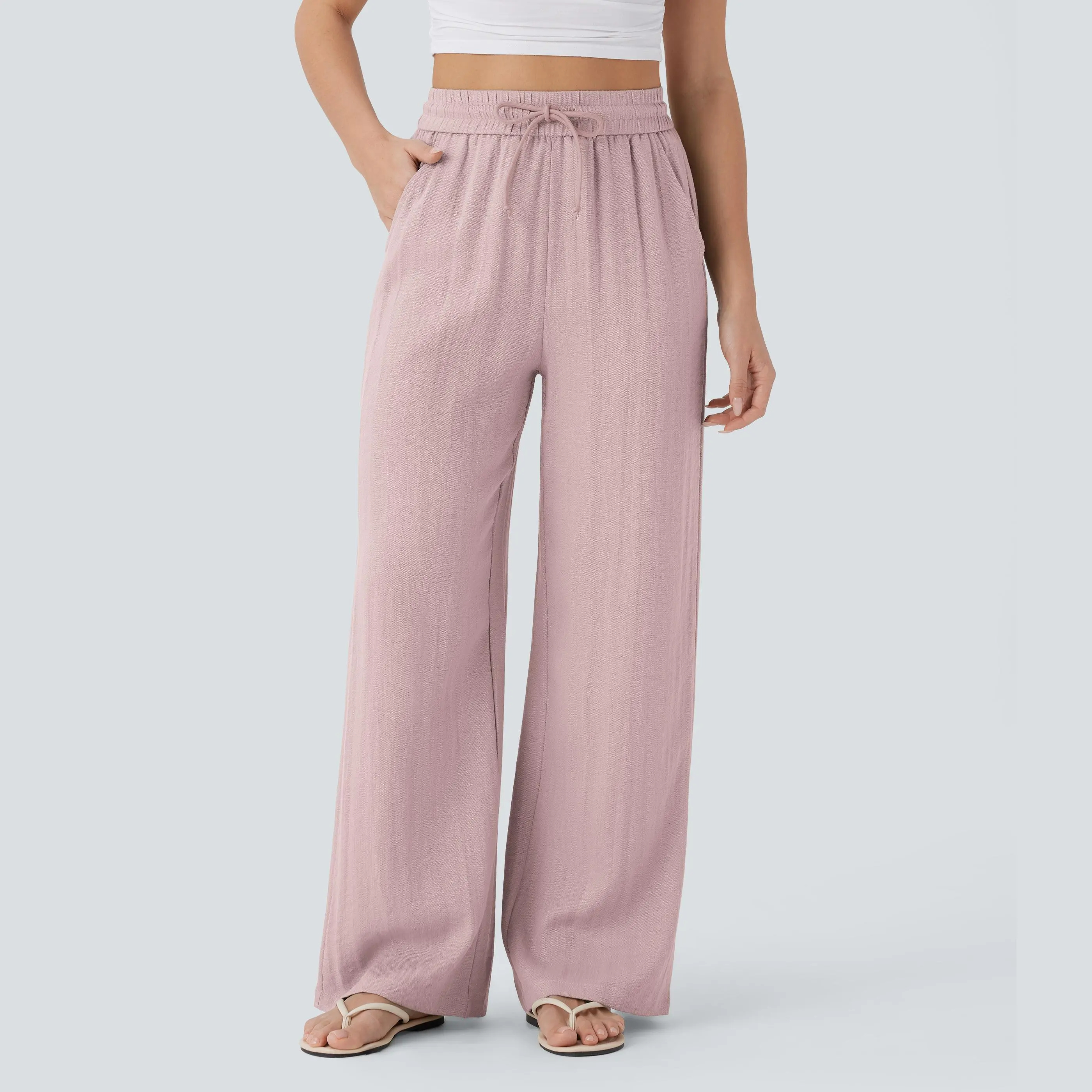 Women's High Waisted Drawstring Wide Leg Baggy Linen-Feel Pants with Pocket