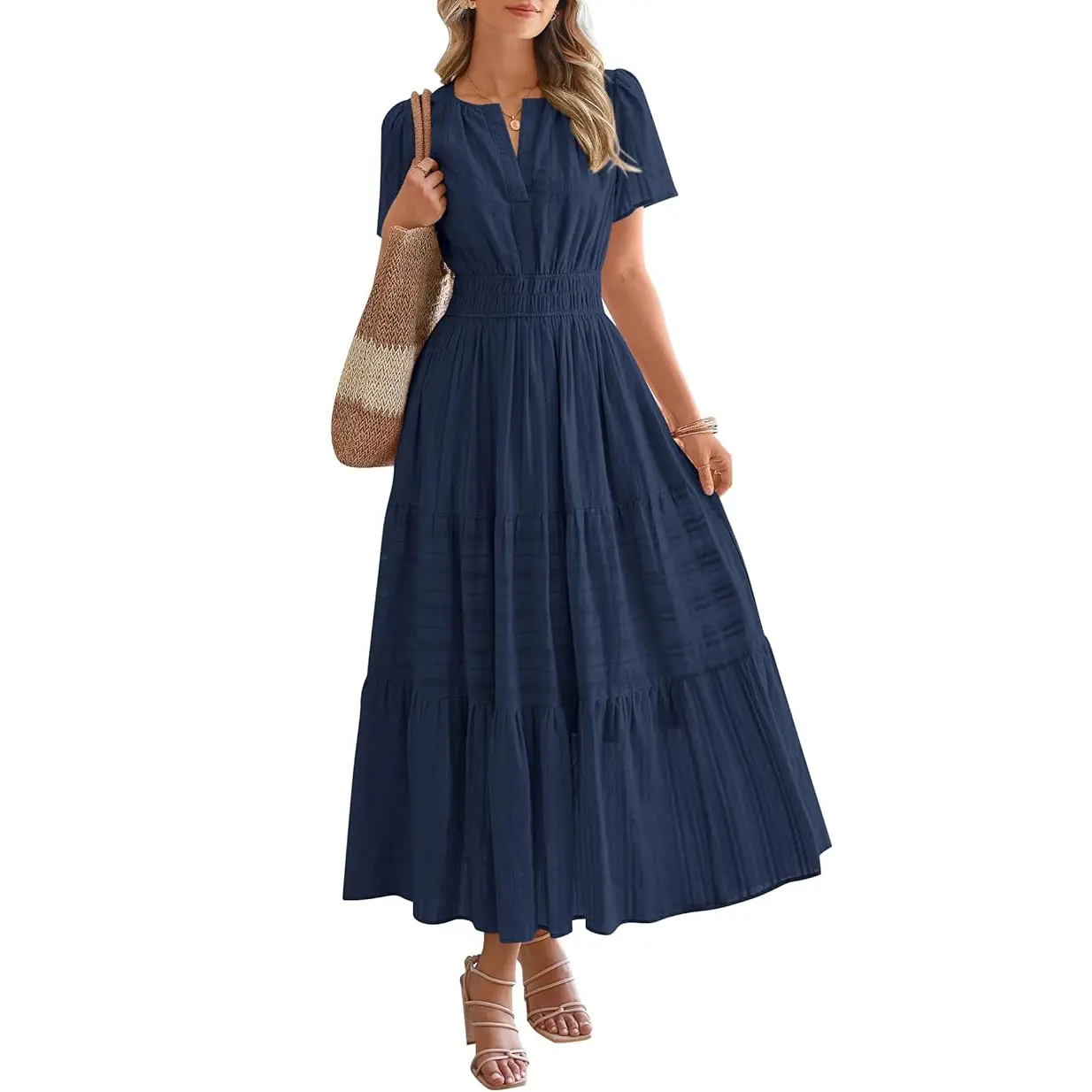 Women's Lightweight Short Sleeve V Neck Maxi Dress with Pockets