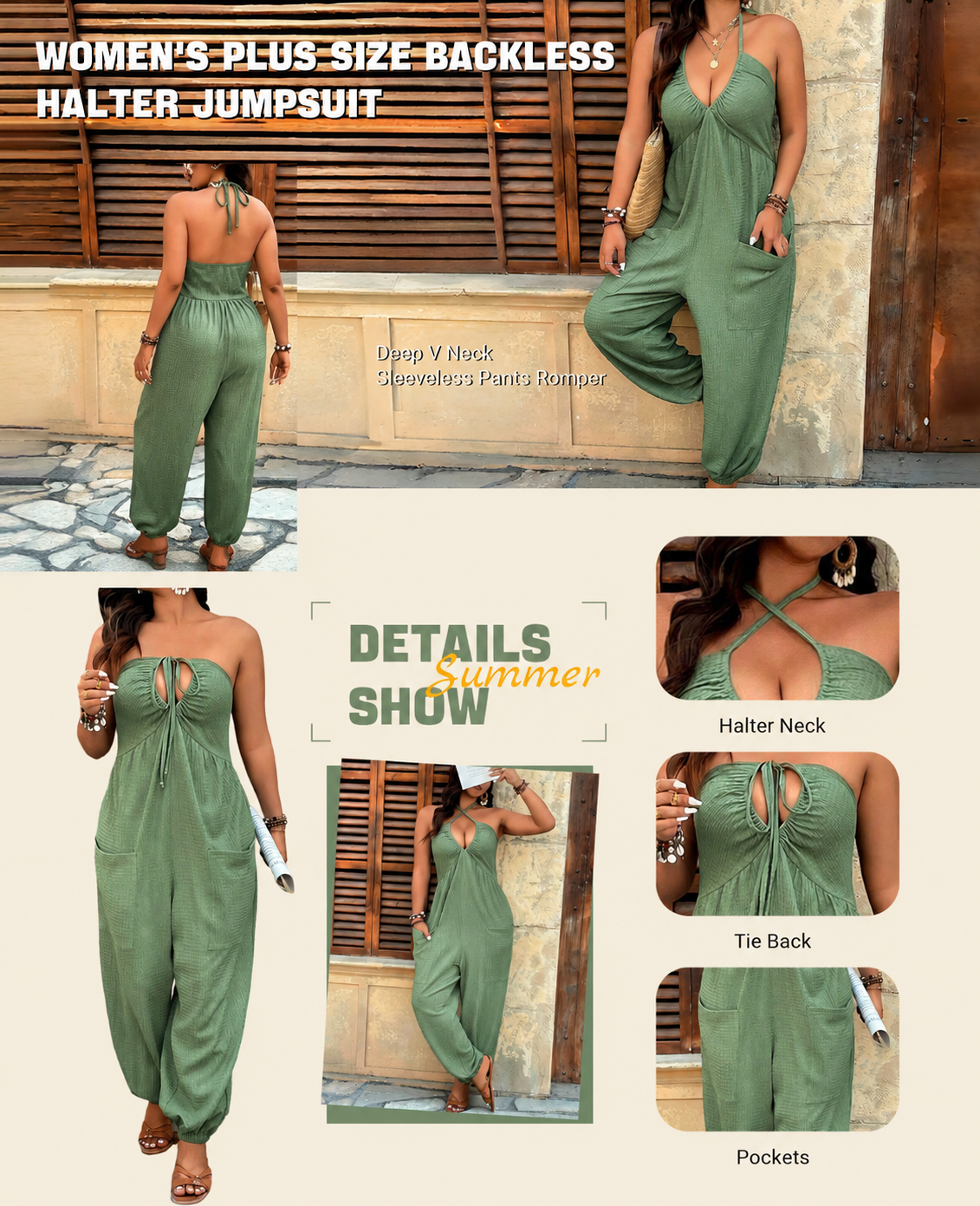 Women's Plus Solid Color Pocket Open Back Jumpsuit