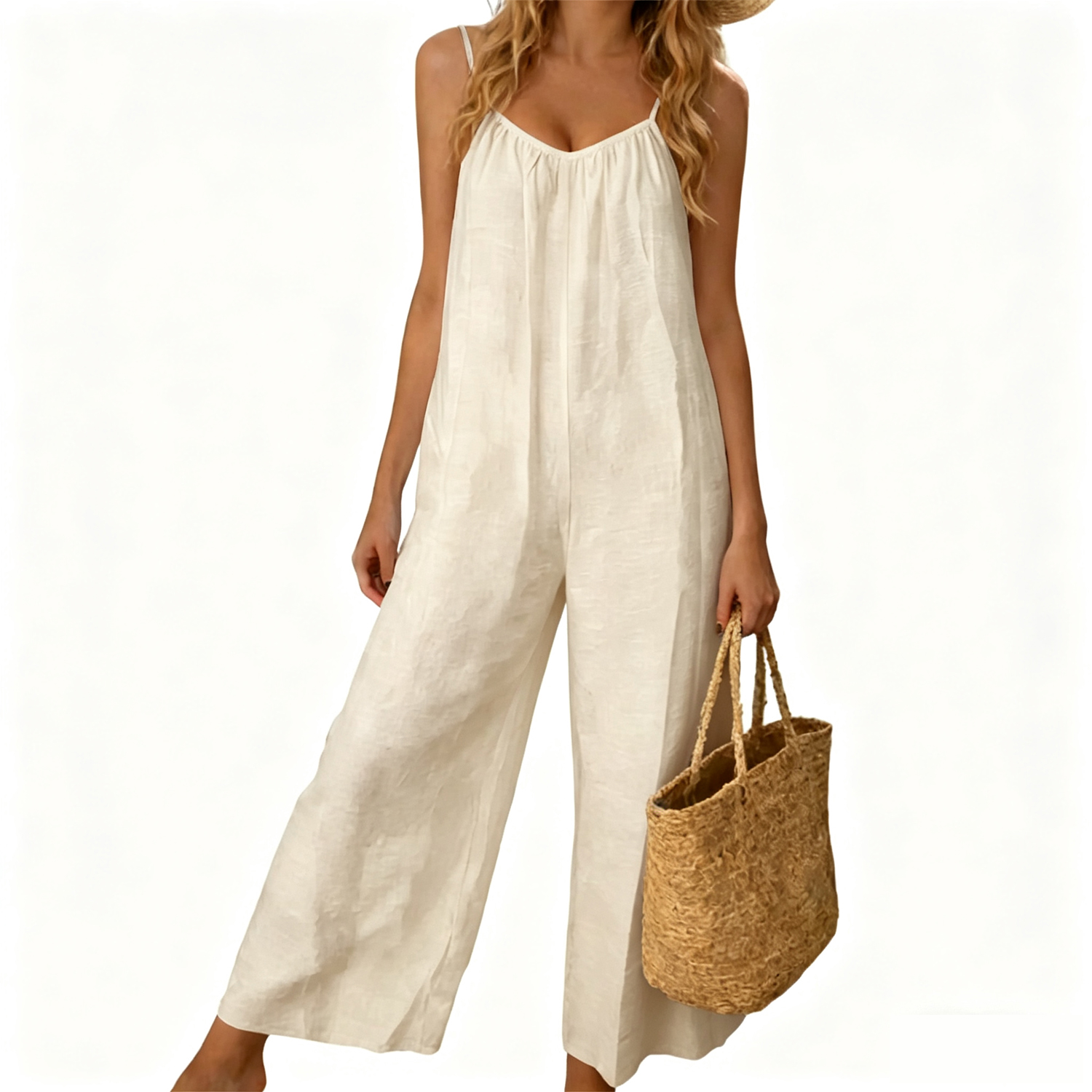 ⚡FINAL SALE⚡- Women's Sleeveless Tie-Back Long Wide-Leg Rompers with Side Pockets