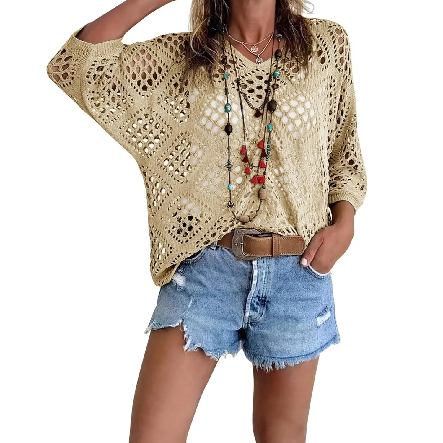 Women's Bohemian-Inspired Beige Crochet Top