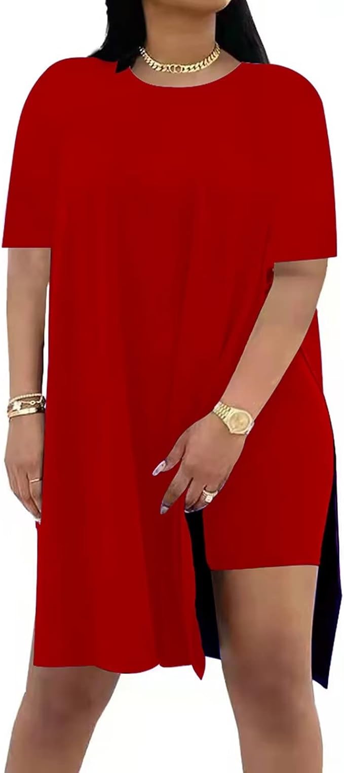 Women Plus Size 2 Piece Outfits Lady Basic Crewneck Short Sleeve Tunic Tops Soft Summer Sets, Breathable Material