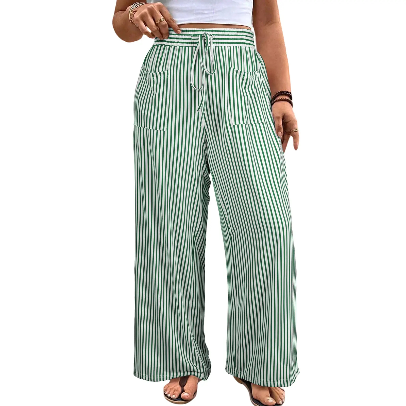 Women's Plus Size Wide Leg Pants Elastic High Waist Striped Casual Palazzo Pants Lounge Trouser with Pockets