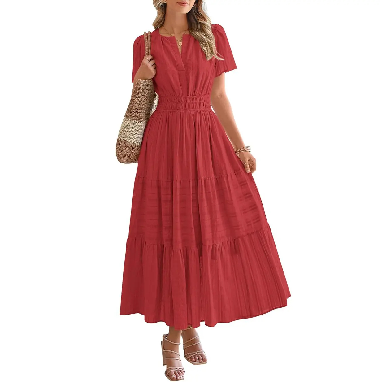 Women's Lightweight Short Sleeve V Neck Maxi Dress with Pockets