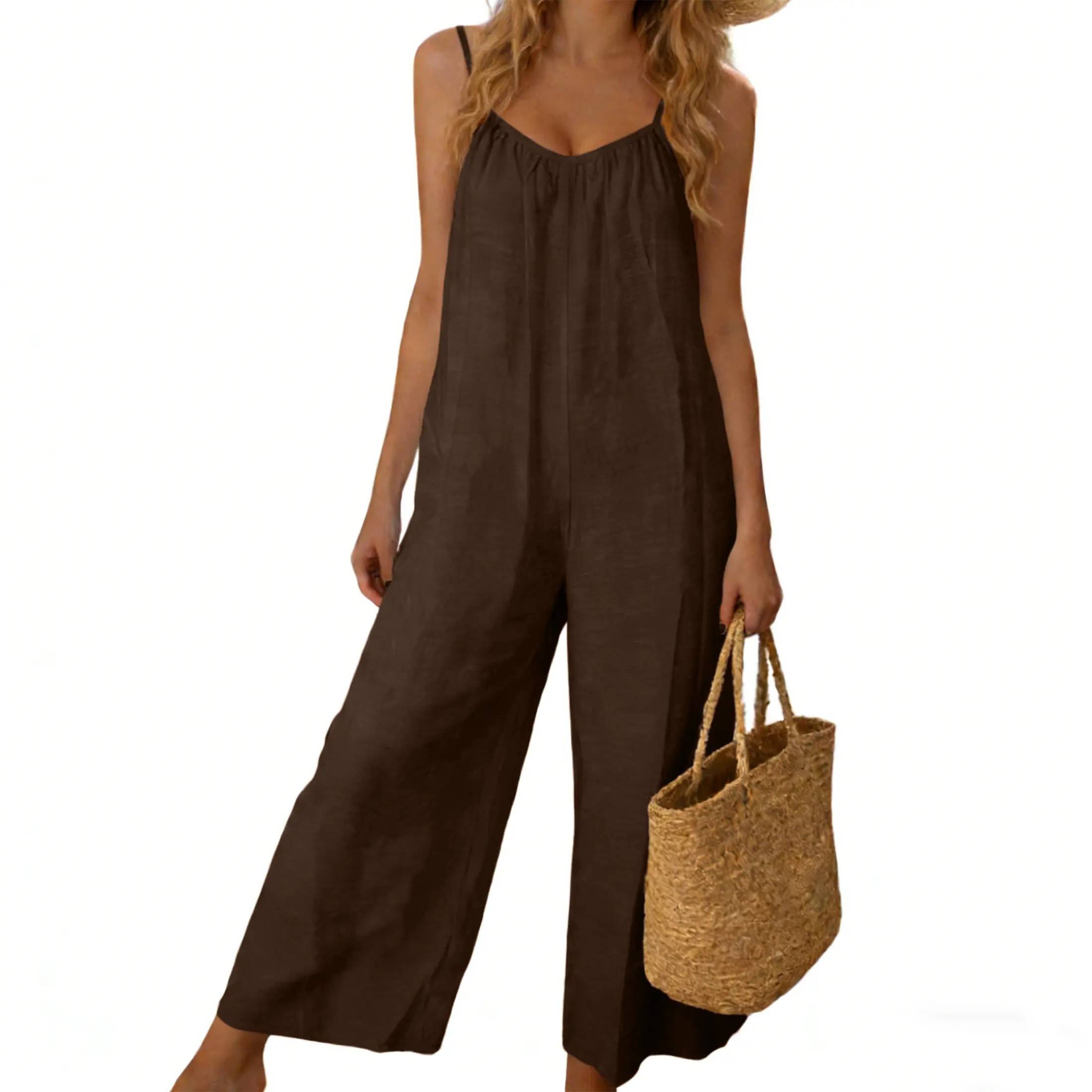 ⚡FINAL SALE⚡- Women's Sleeveless Tie-Back Long Wide-Leg Rompers with Side Pockets