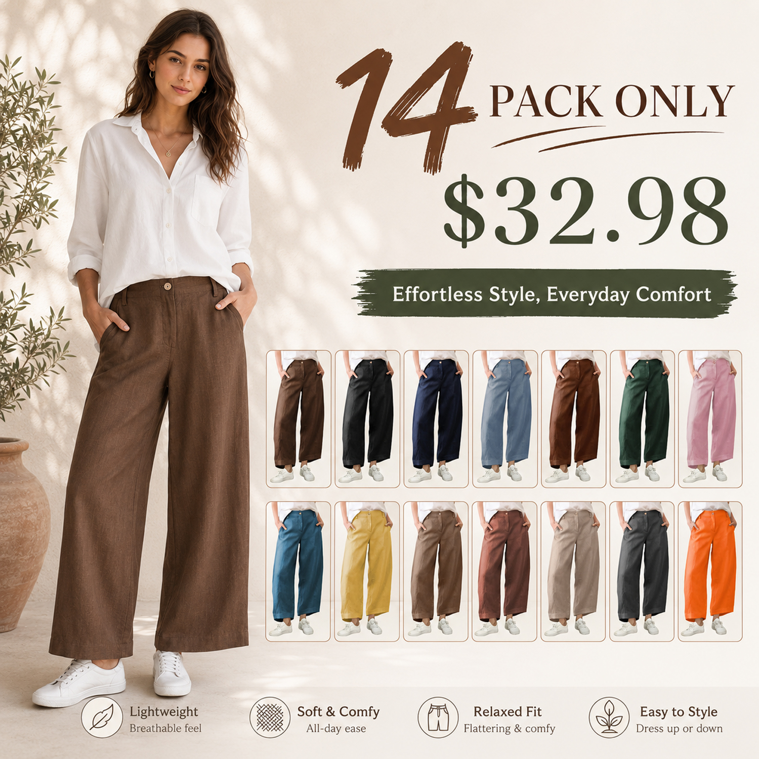 Women's Casual Baggy Linen Blend Pants, High Waisted Pull On Wide Leg Style with Pockets