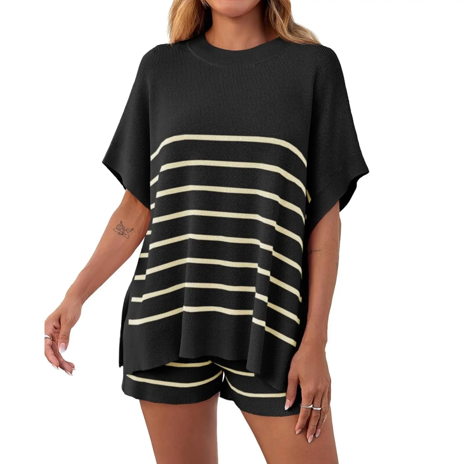 Women's Striped 2 Piece Outfits Oversized Batwing Short Sleeve Tops High Waisted Shorts