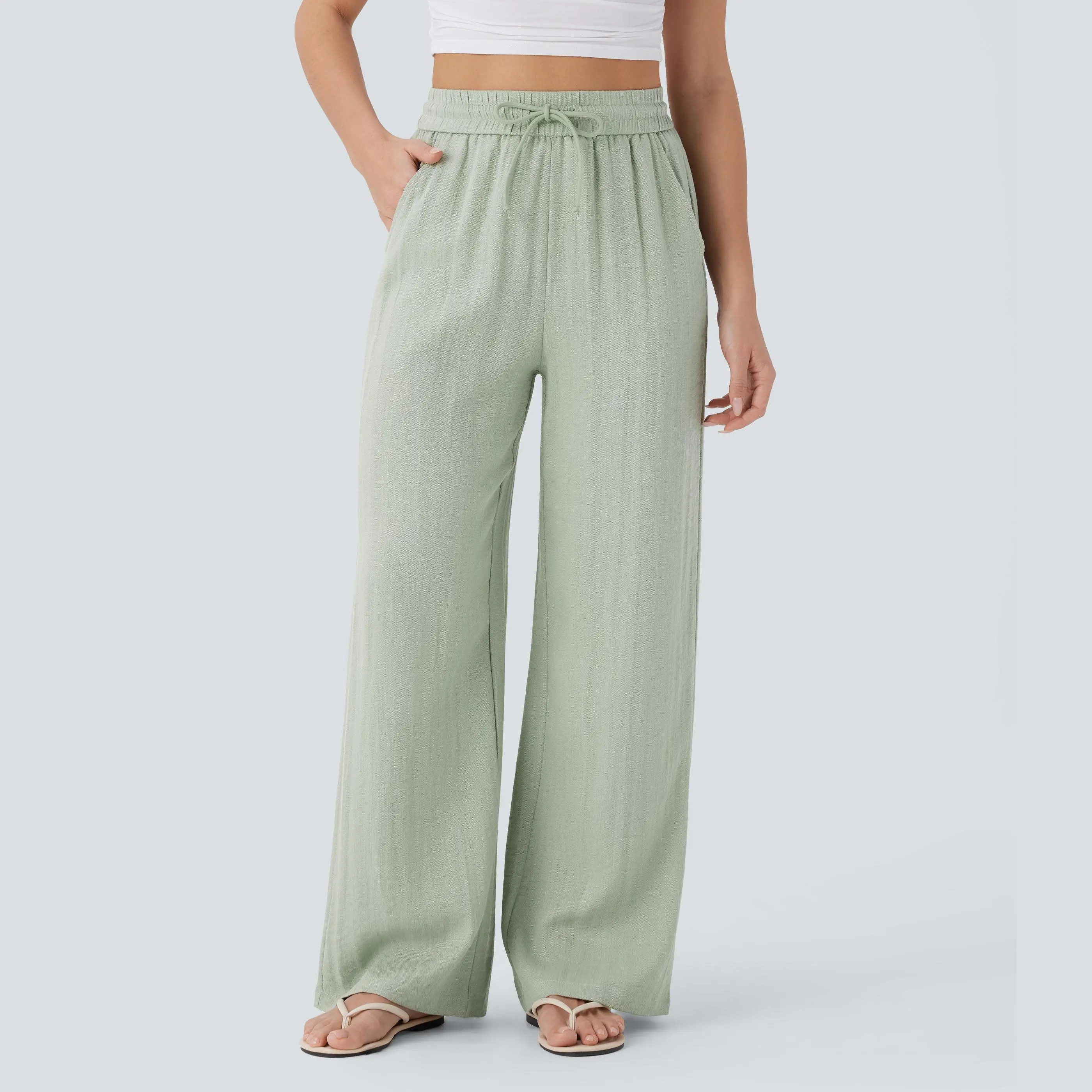Women's High Waisted Drawstring Wide Leg Baggy Linen-Feel Pants with Pocket
