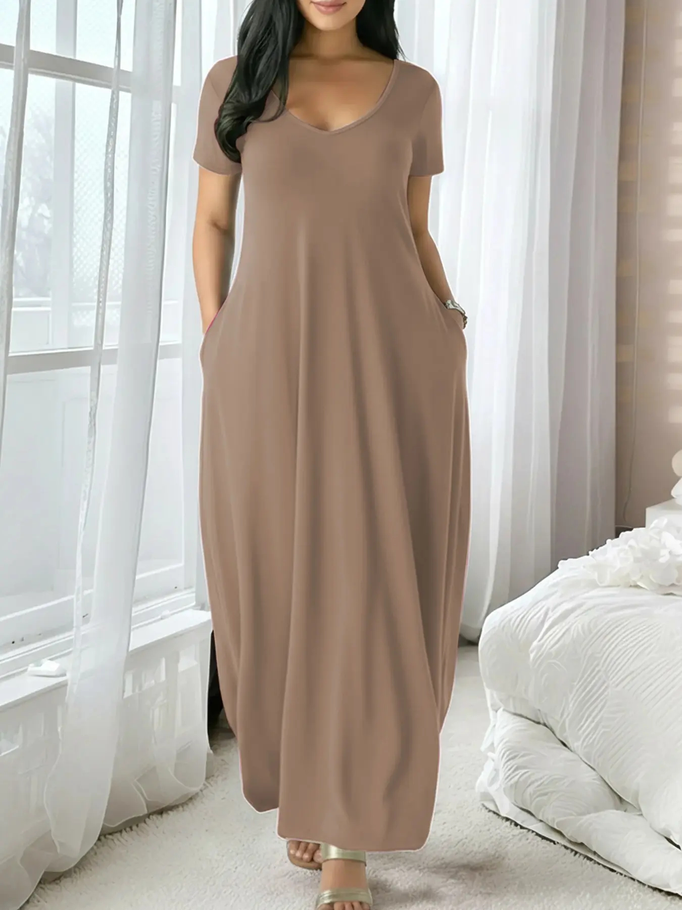 Women's Long Solid Color Loungewear Dress