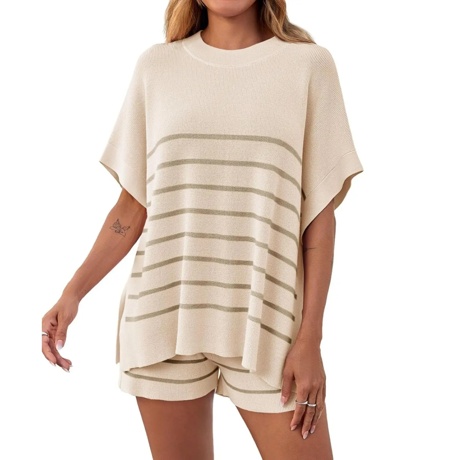 Women's Striped 2 Piece Outfits Oversized Batwing Short Sleeve Tops High Waisted Shorts