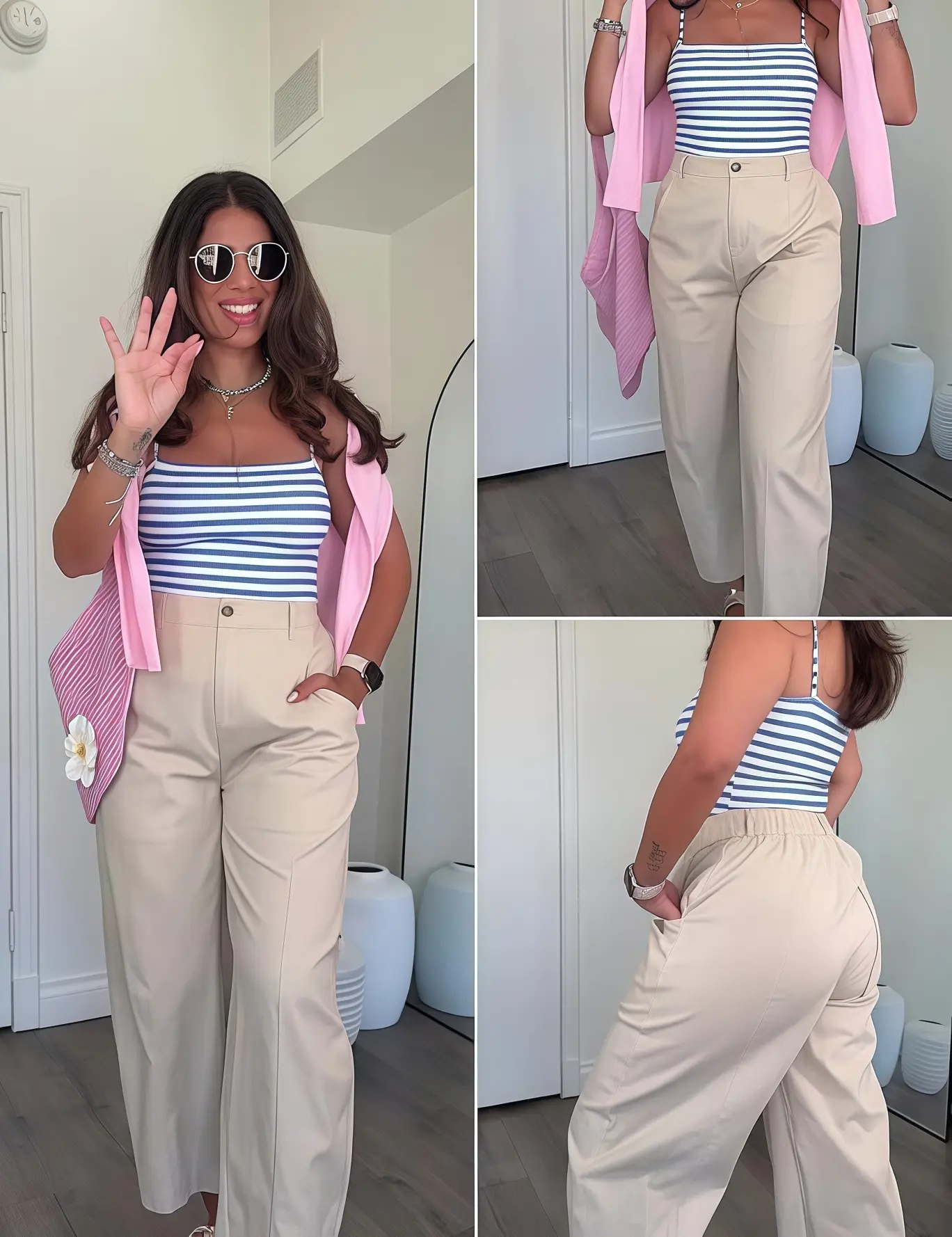 Women's Casual Baggy Linen Blend Pants, High Waisted Pull On Wide Leg Style with Pockets
