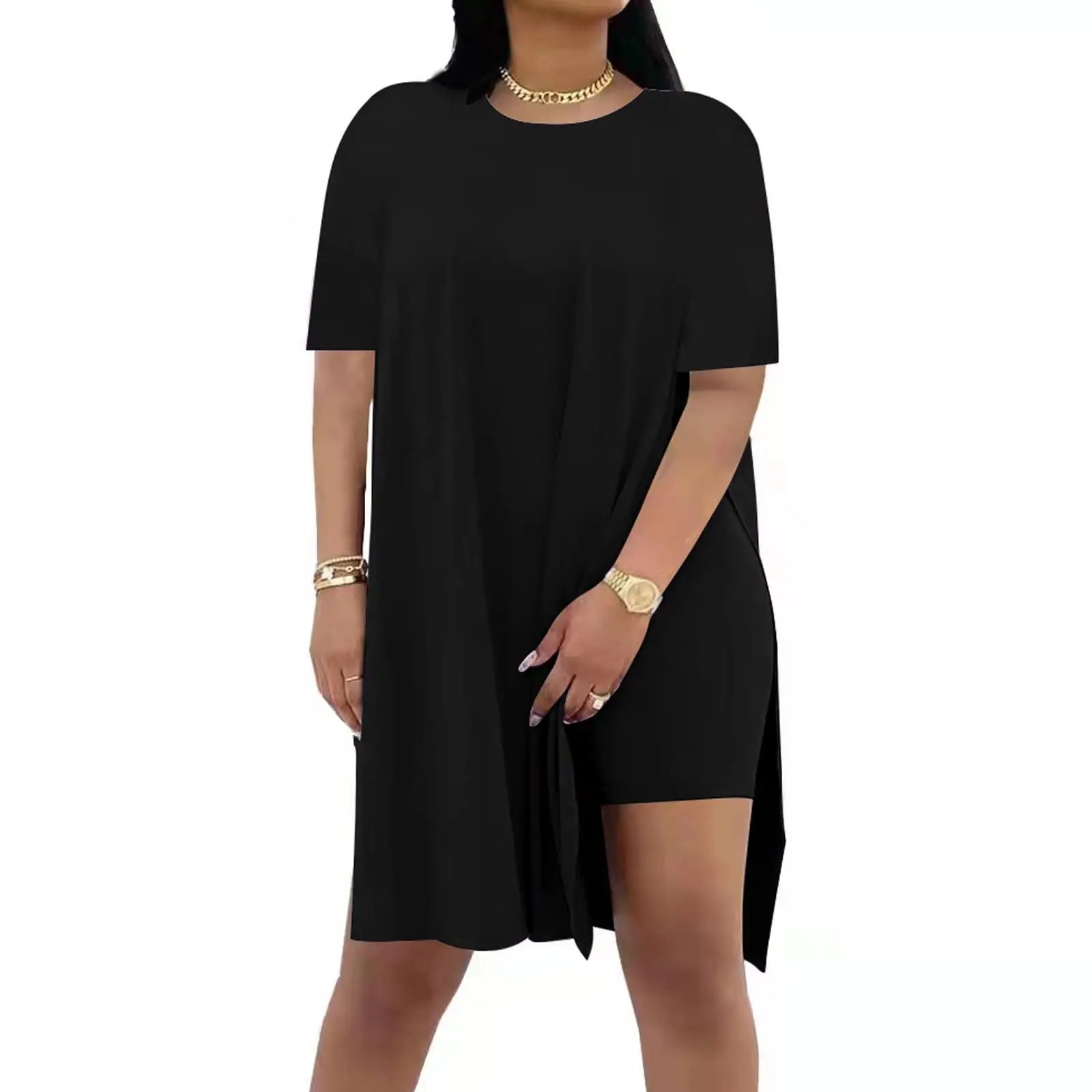 Women Plus Size 2 Piece Outfits Lady Basic Crewneck Short Sleeve Tunic Tops Soft Summer Sets, Breathable Material