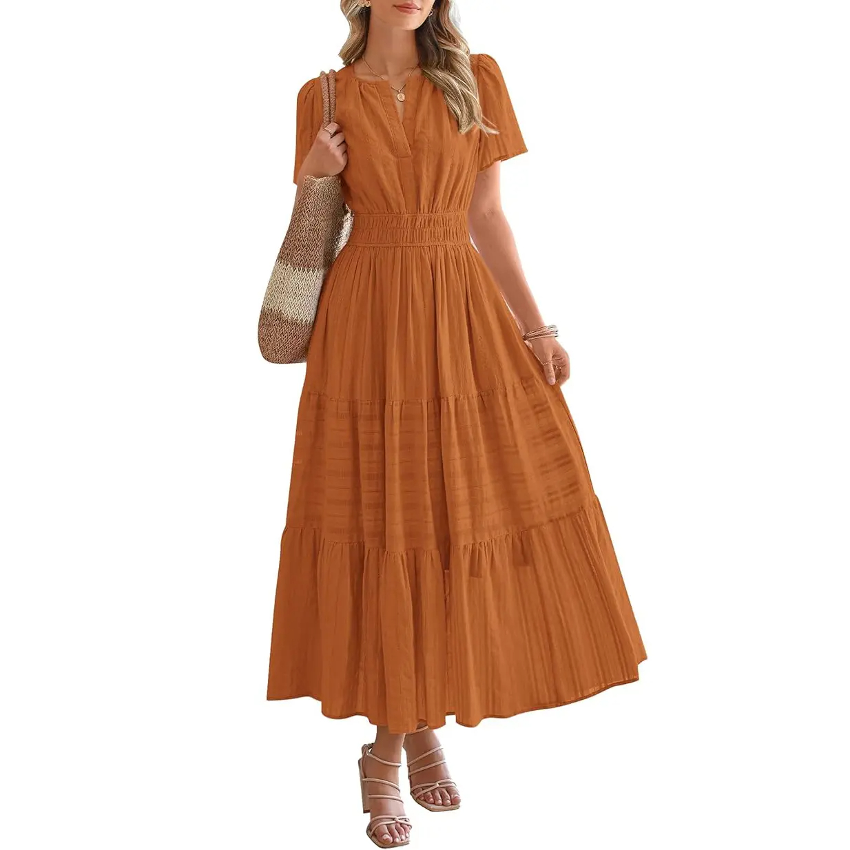 Women's Lightweight Short Sleeve V Neck Maxi Dress with Pockets