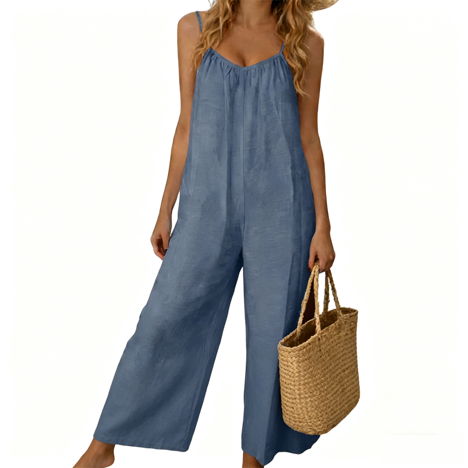 ⚡FINAL SALE⚡- Women's Sleeveless Tie-Back Long Wide-Leg Rompers with Side Pockets