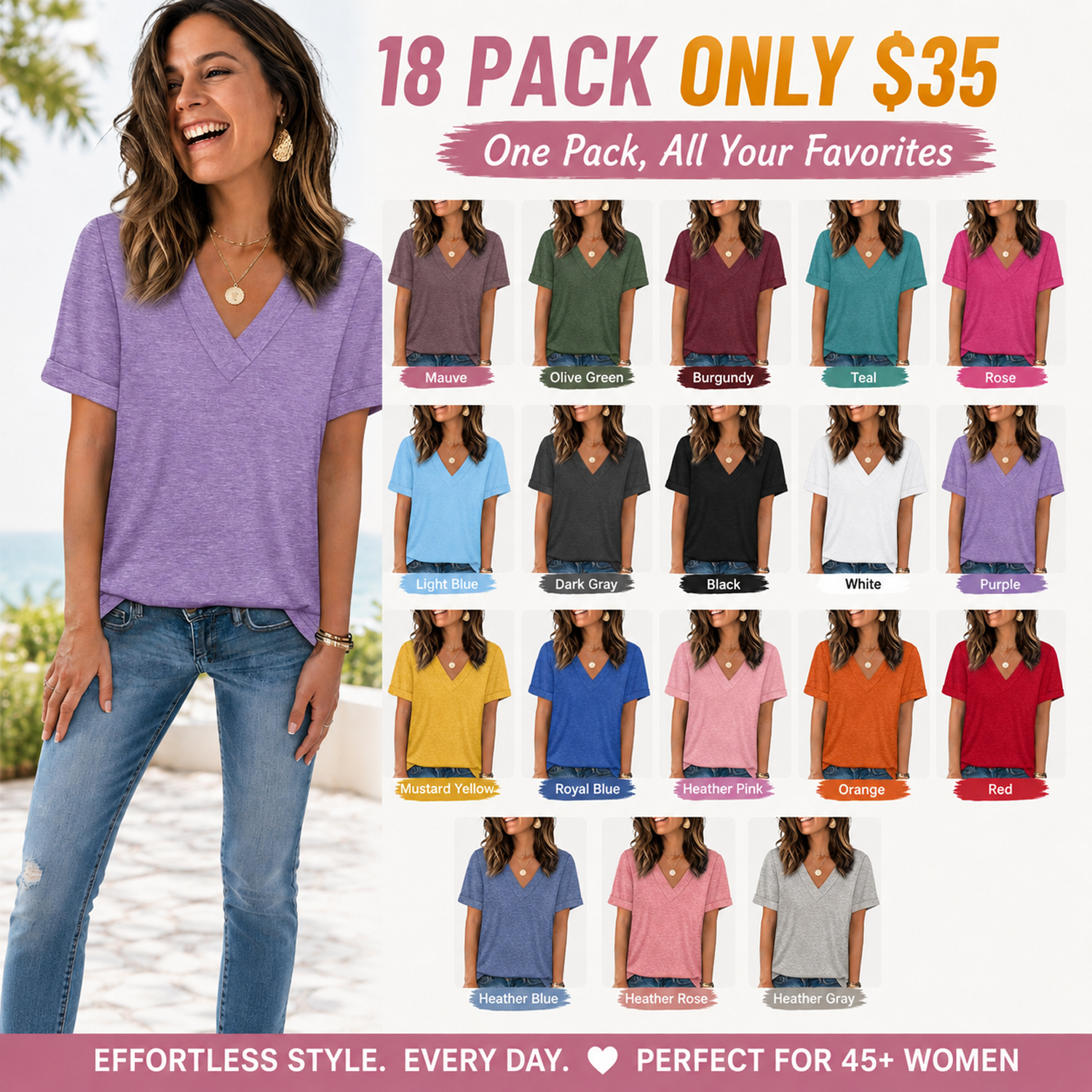 Women's Sleeve Basic Casual V Neck Tops Short