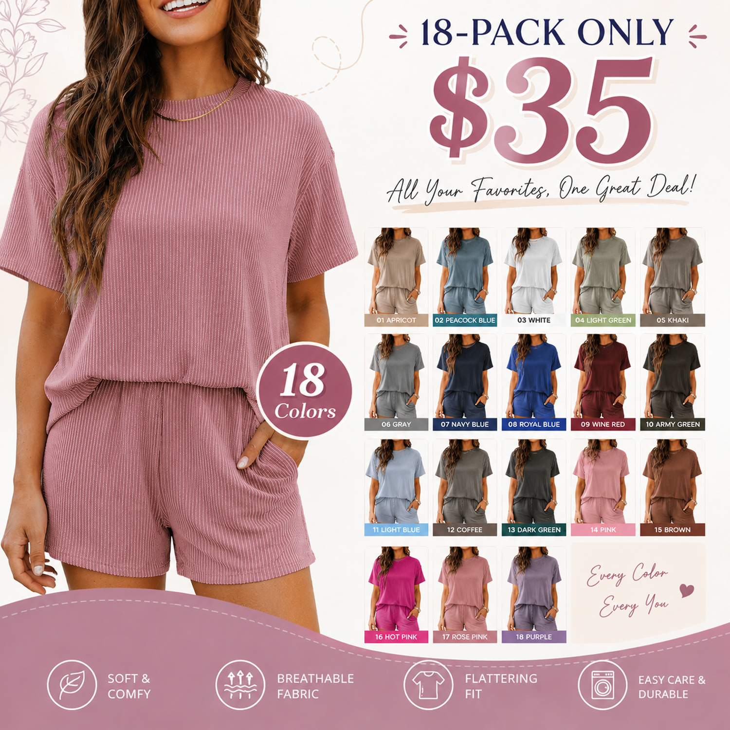 Women's Summer Casual Pajamas Ribbed Textured Outfit Matching Two Piece Sets with Pockets