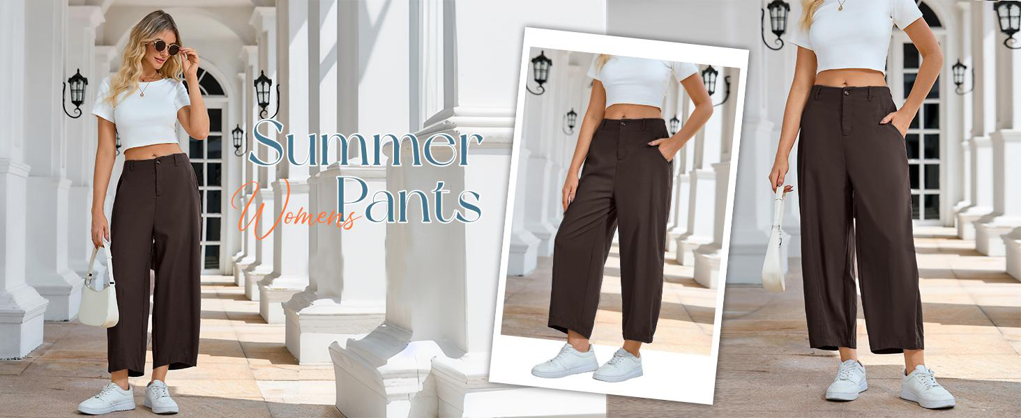 Women's Casual Baggy Linen Blend Pants, High Waisted Pull On Wide Leg Style with Pockets