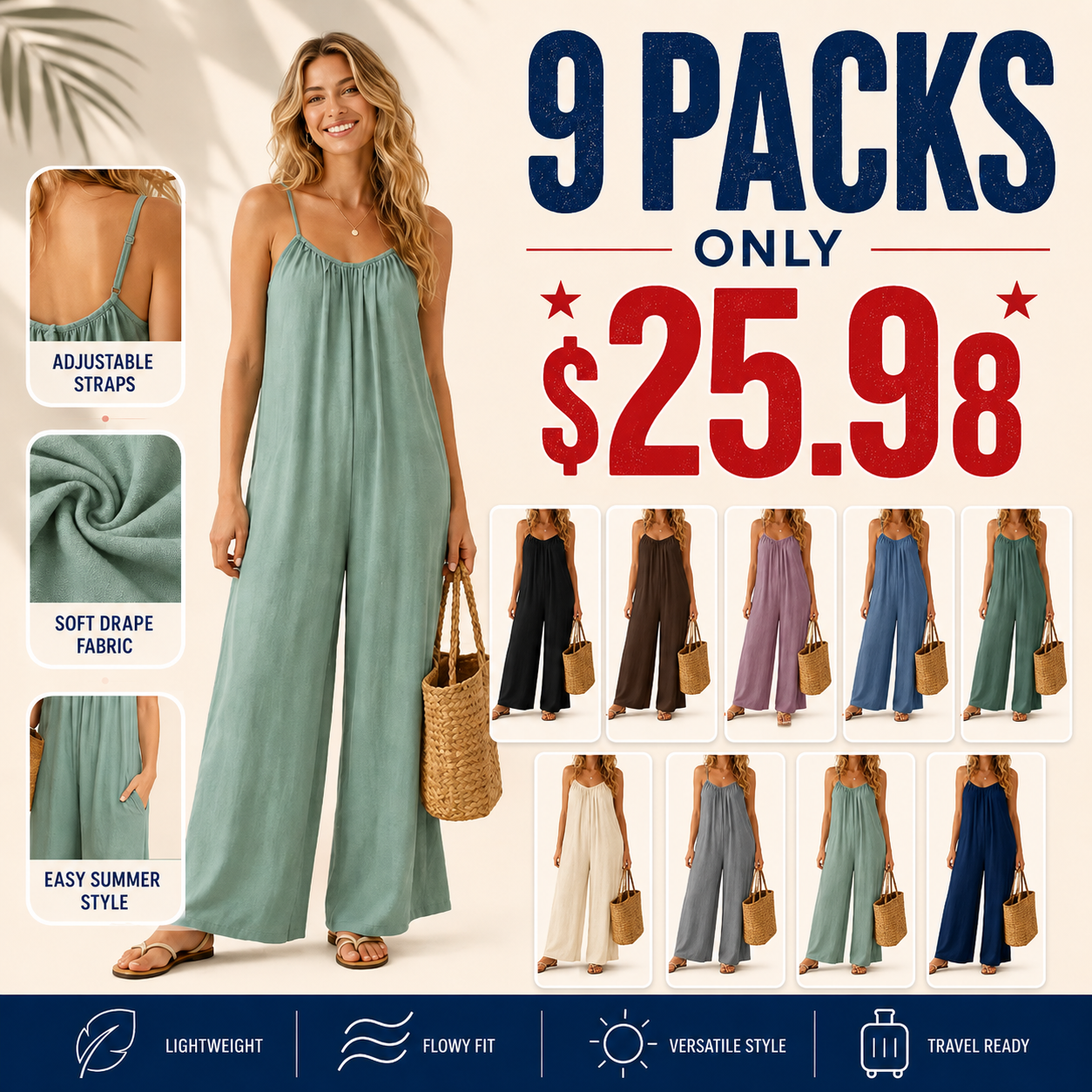 ⚡FINAL SALE⚡- Women's Sleeveless Tie-Back Long Wide-Leg Rompers with Side Pockets