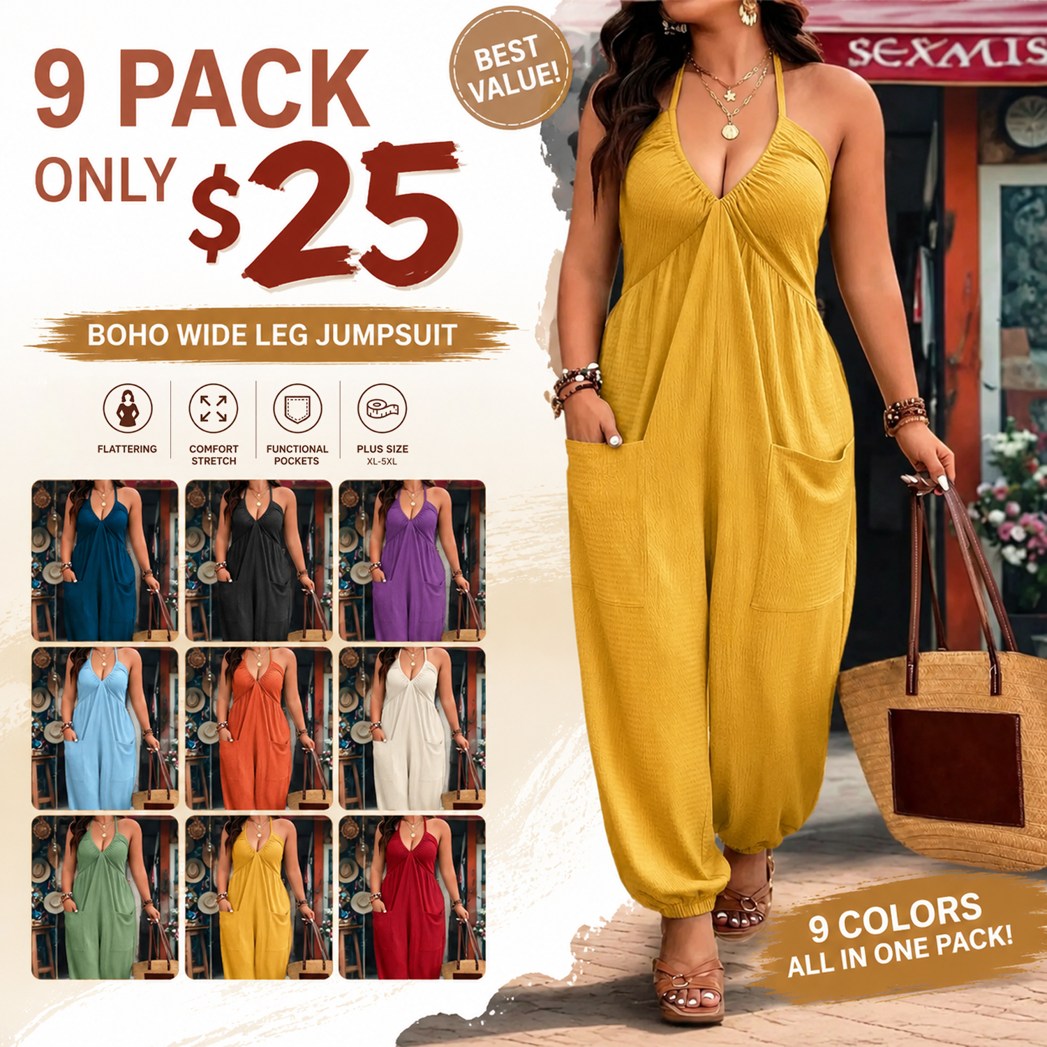 Women's Plus Solid Color Pocket Open Back Jumpsuit