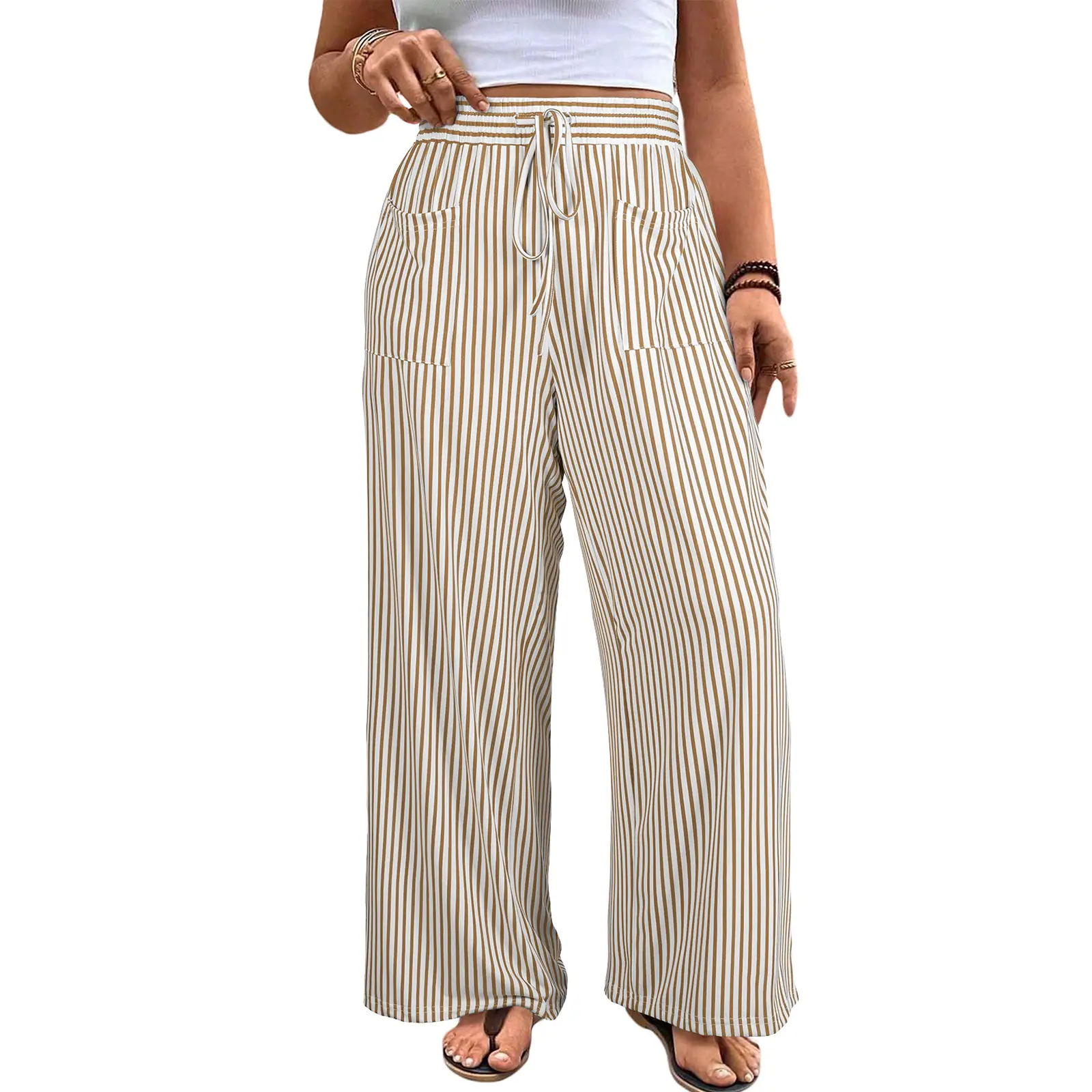 Women's Plus Size Wide Leg Pants Elastic High Waist Striped Casual Palazzo Pants Lounge Trouser with Pockets