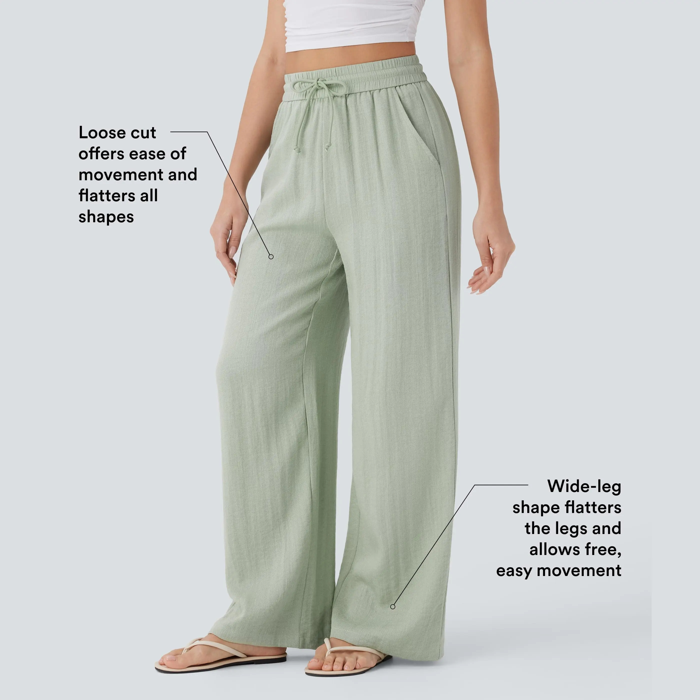 Women's High Waisted Drawstring Wide Leg Baggy Linen-Feel Pants with Pocket