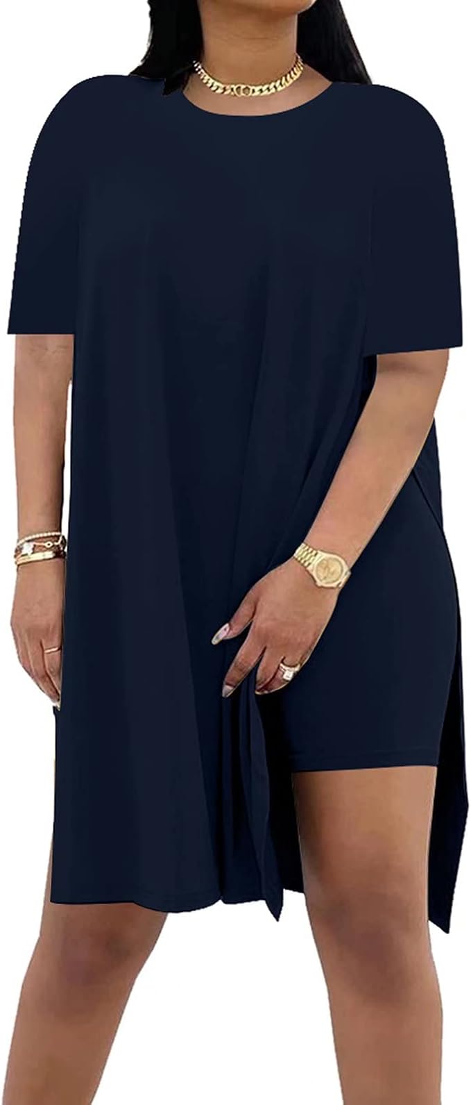 Women Plus Size 2 Piece Outfits Lady Basic Crewneck Short Sleeve Tunic Tops Soft Summer Sets, Breathable Material
