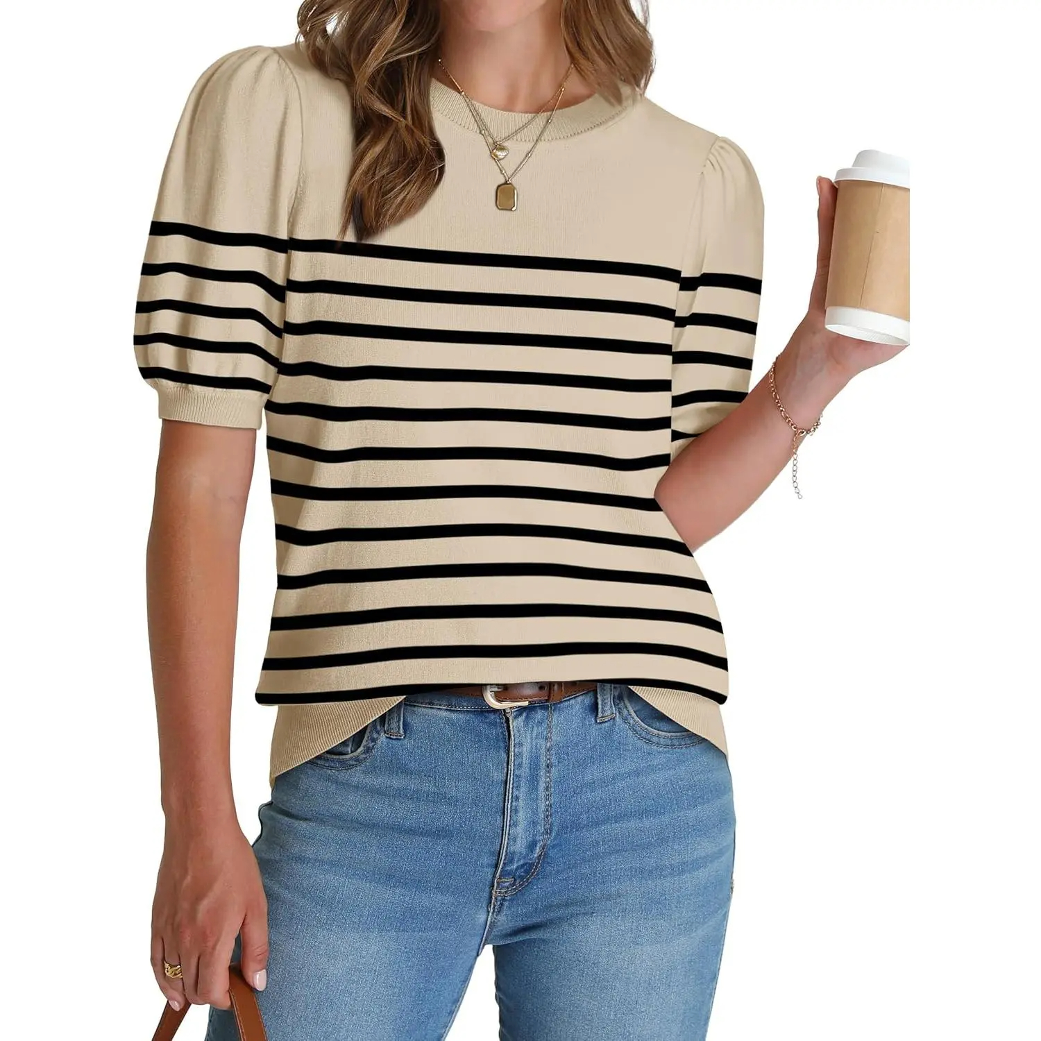 🔥Summer Clearance Sale🔥Women’s Puff Short Sleeve Lightweight Knit Top