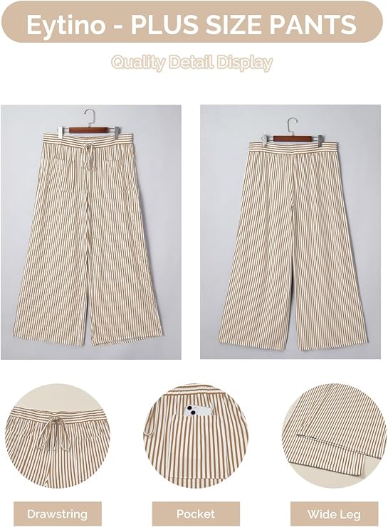 Women's Plus Size Wide Leg Pants Elastic High Waist Striped Casual Palazzo Pants Lounge Trouser with Pockets
