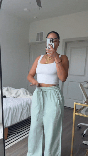 Women's High Waisted Drawstring Wide Leg Baggy Linen-Feel Pants with Pocket