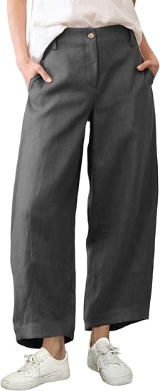 Women's Casual Baggy Linen Blend Pants, High Waisted Pull On Wide Leg Style with Pockets