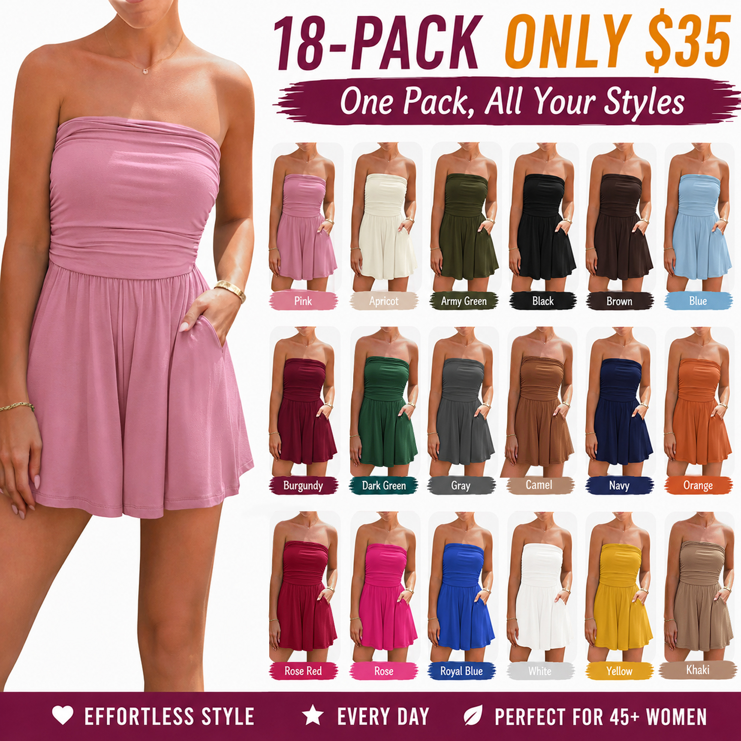 Women's Strapless Tube Romper with Pockets