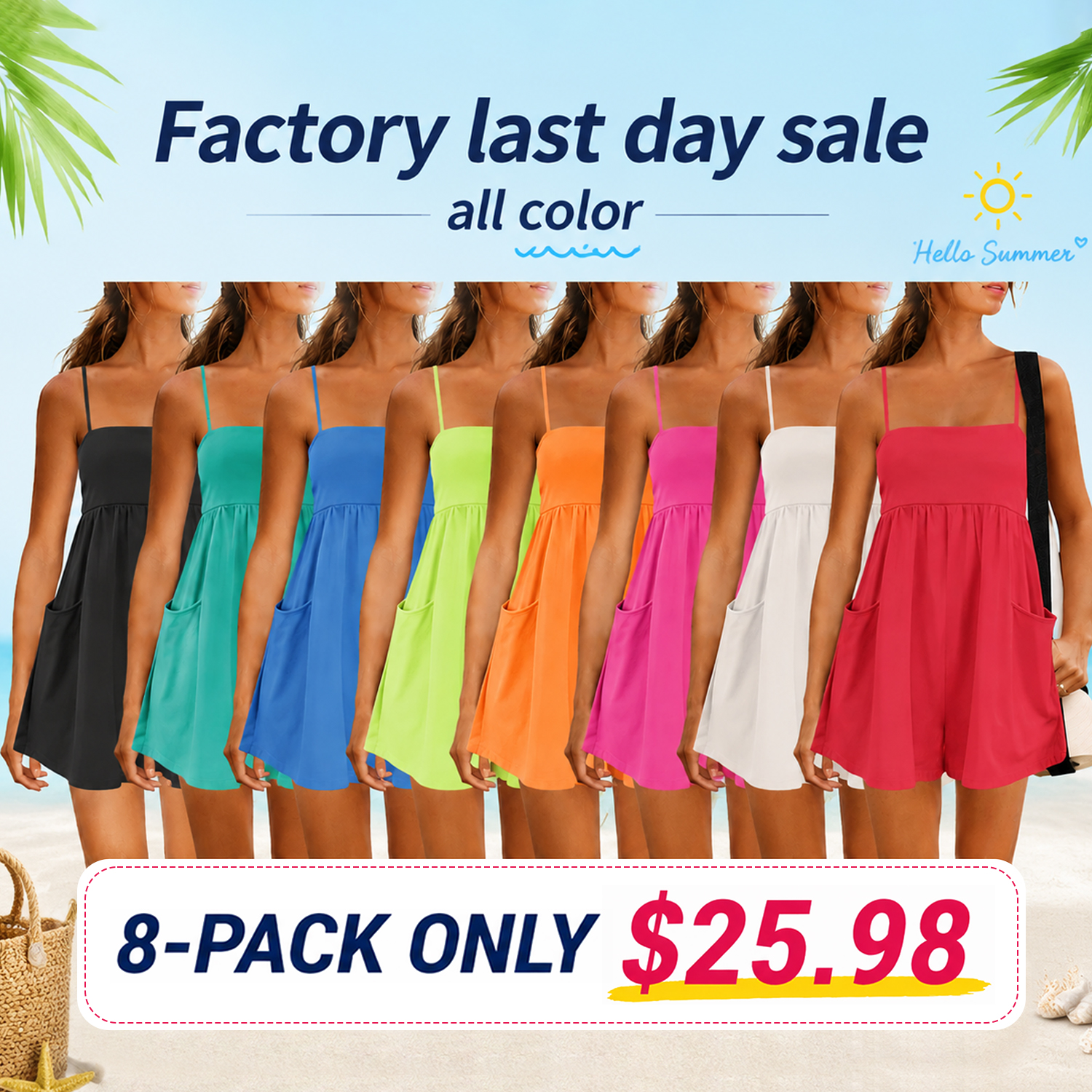 Women's Summer Strappy Cotton Romper with Pockets