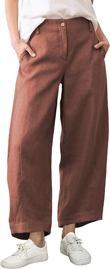 Women's Casual Baggy Linen Blend Pants, High Waisted Pull On Wide Leg Style with Pockets