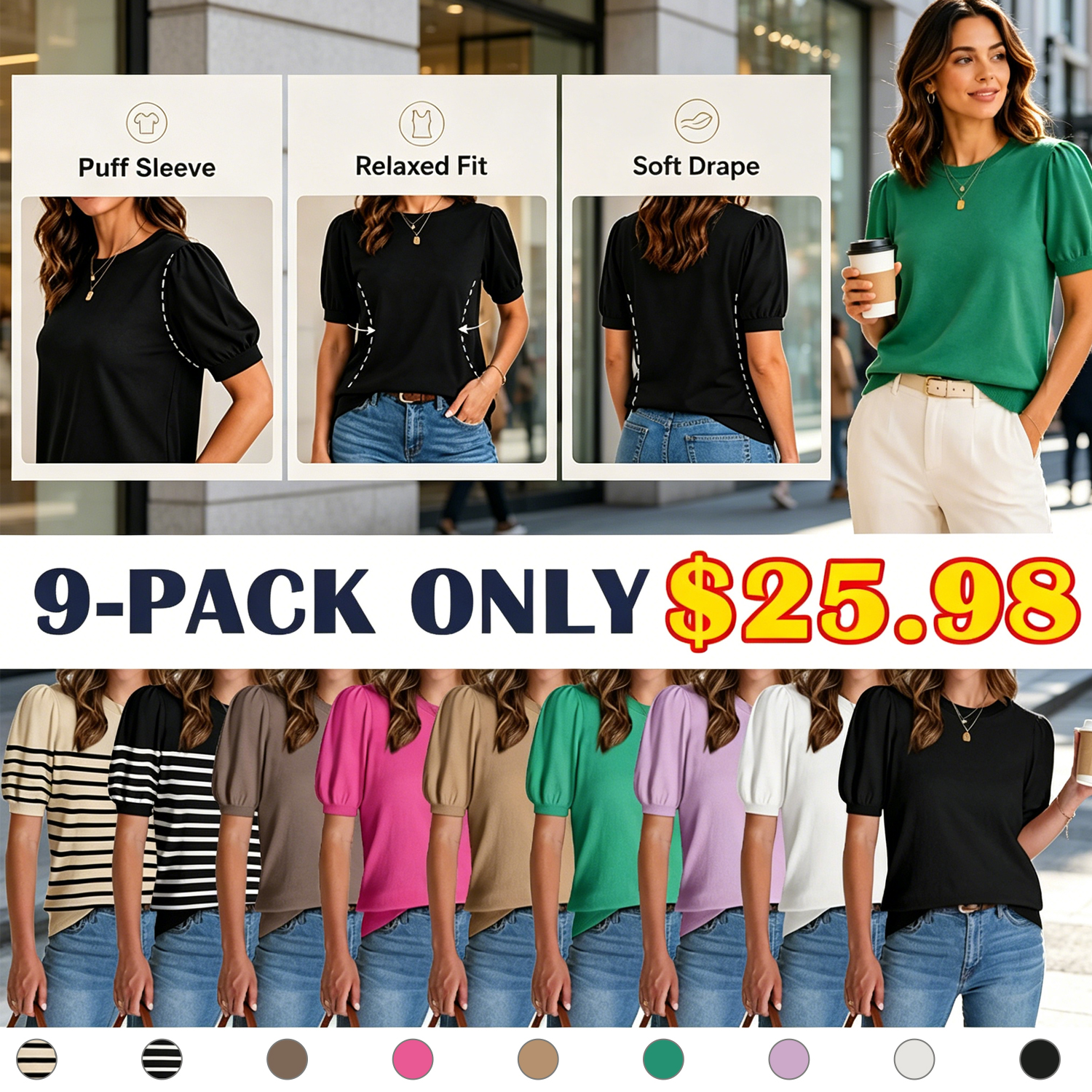 🔥Summer Clearance Sale🔥Women’s Puff Short Sleeve Lightweight Knit Top