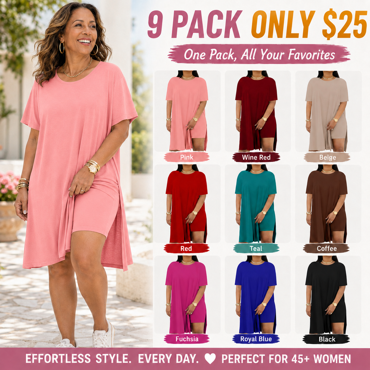 Women Plus Size 2 Piece Outfits Lady Basic Crewneck Short Sleeve Tunic Tops Soft Summer Sets, Breathable Material