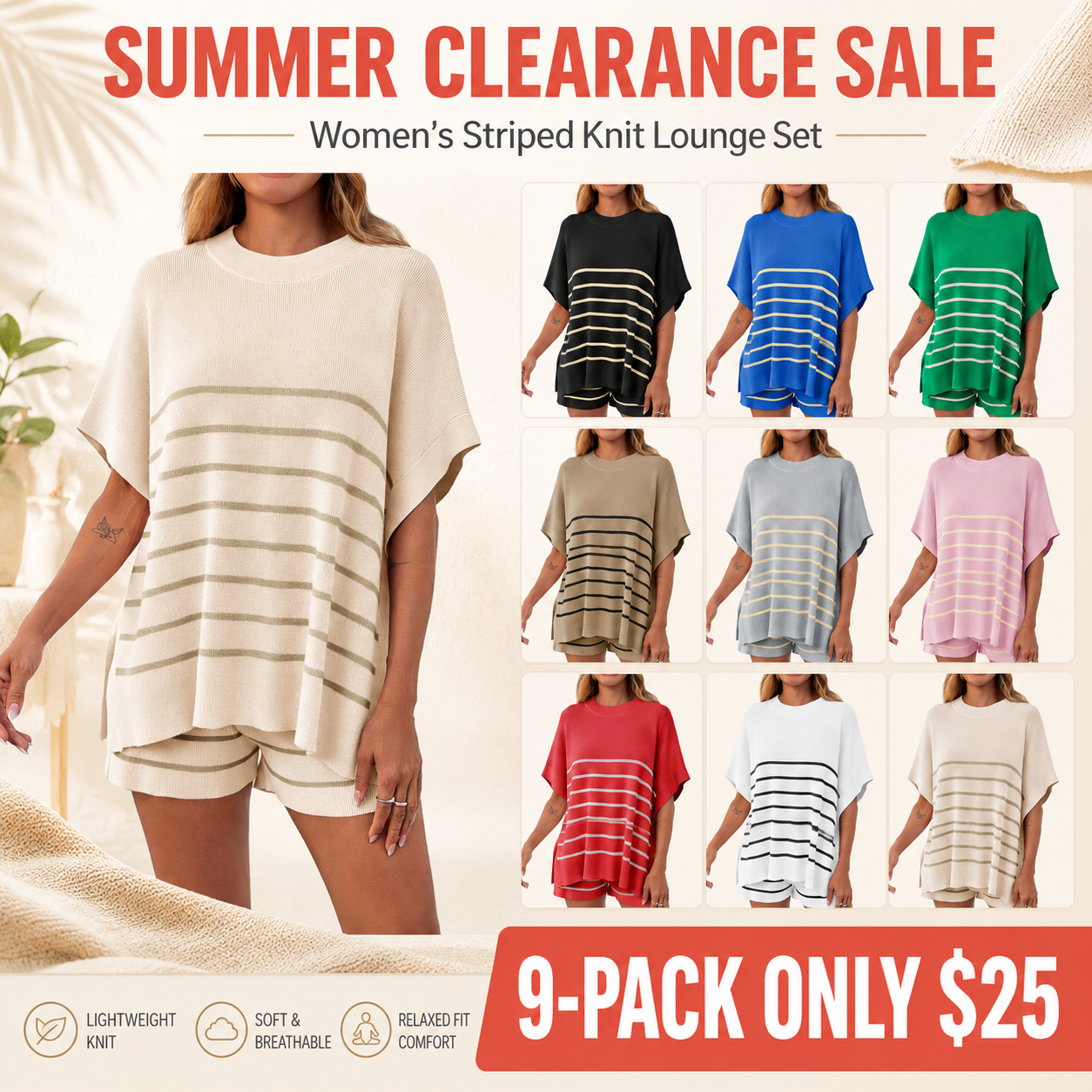 Women's Striped 2 Piece Outfits Oversized Batwing Short Sleeve Tops High Waisted Shorts