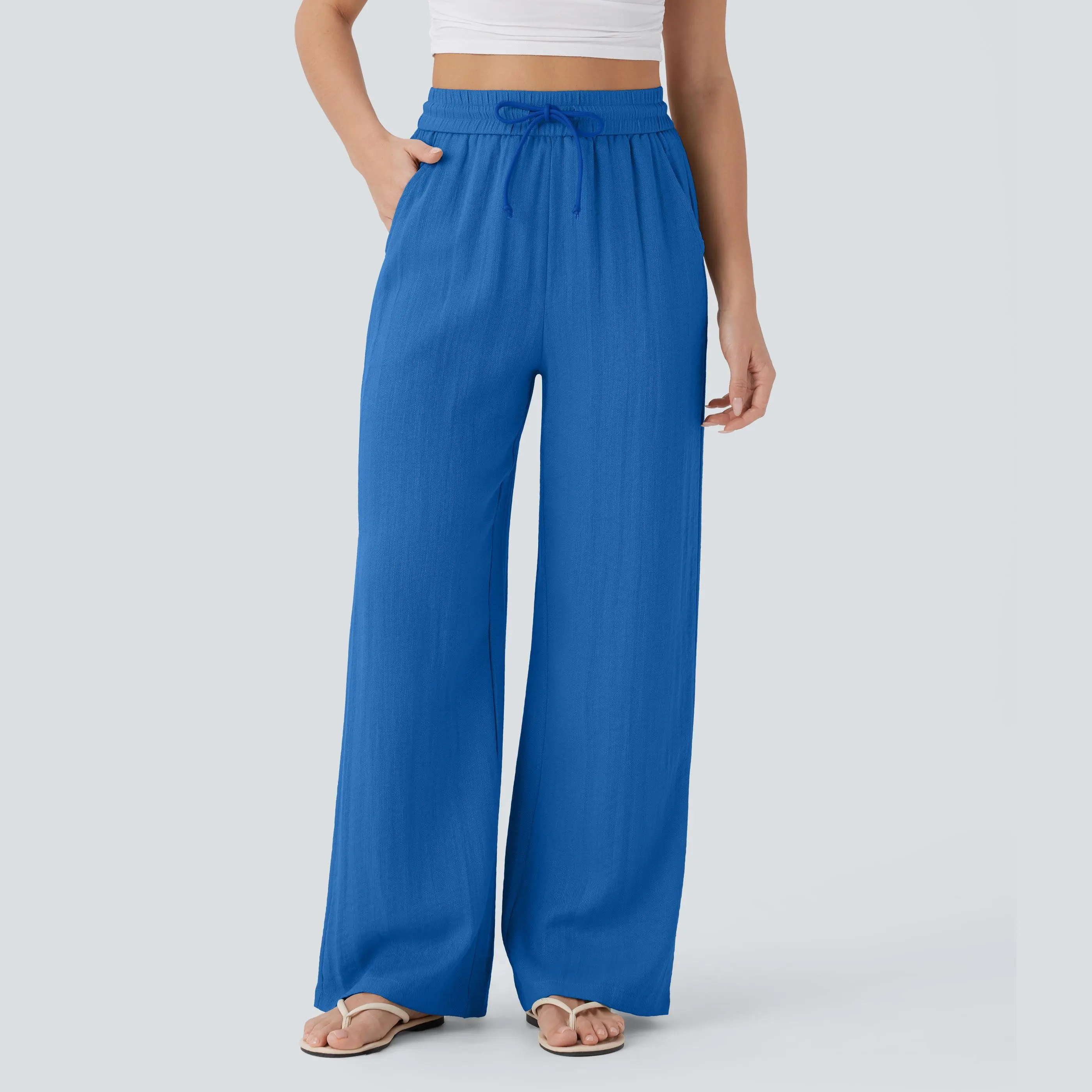 Women's High Waisted Drawstring Wide Leg Baggy Linen-Feel Pants with Pocket