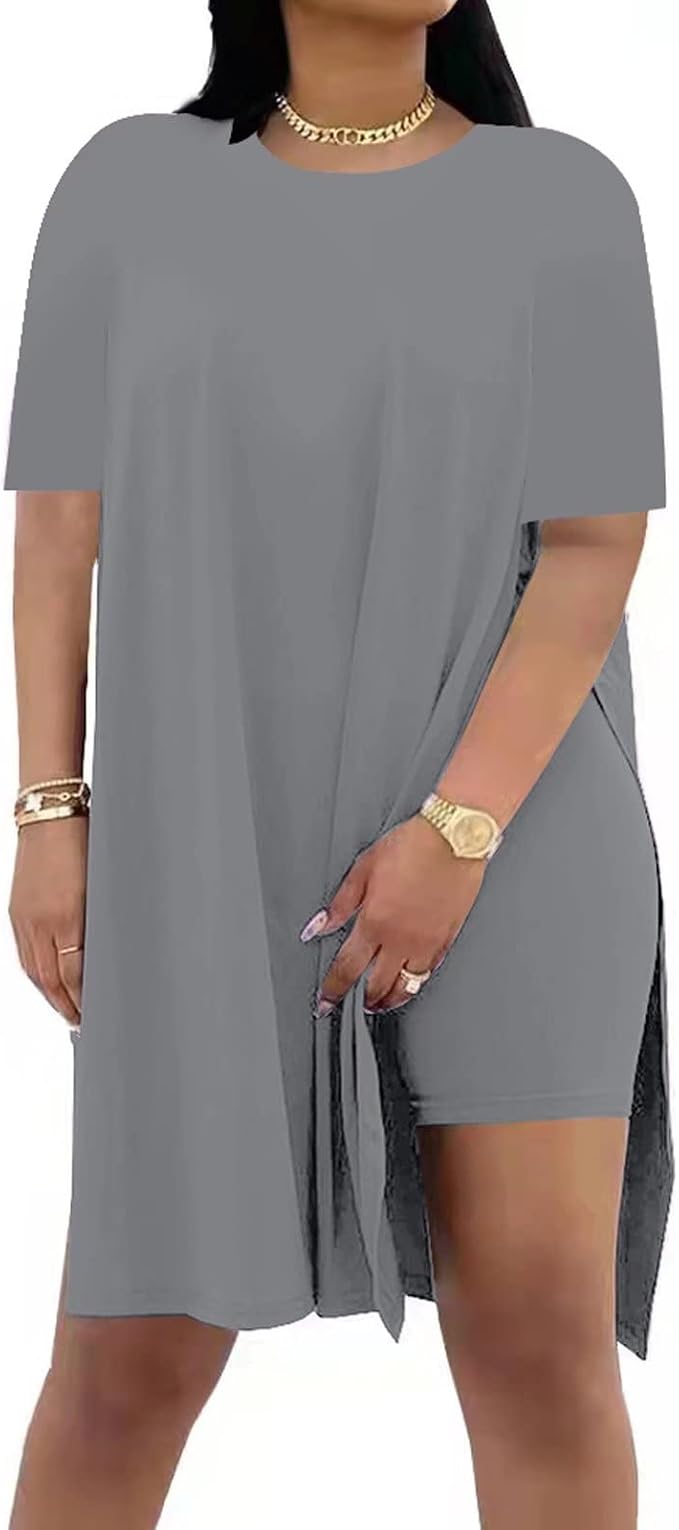 Women Plus Size 2 Piece Outfits Lady Basic Crewneck Short Sleeve Tunic Tops Soft Summer Sets, Breathable Material