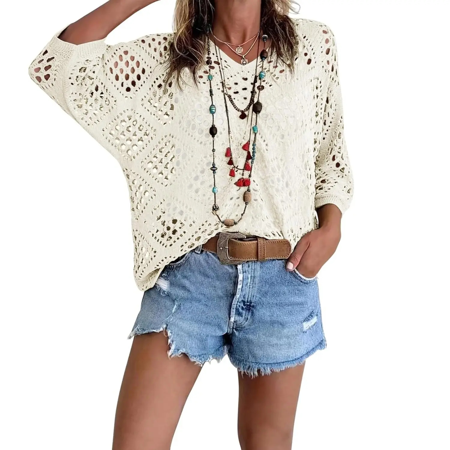 Women's Bohemian-Inspired Beige Crochet Top