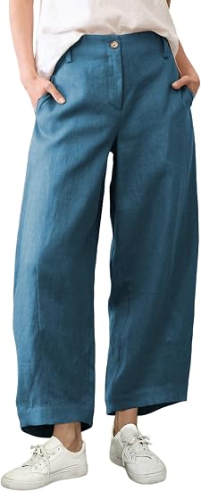 Women's Casual Baggy Linen Blend Pants, High Waisted Pull On Wide Leg Style with Pockets