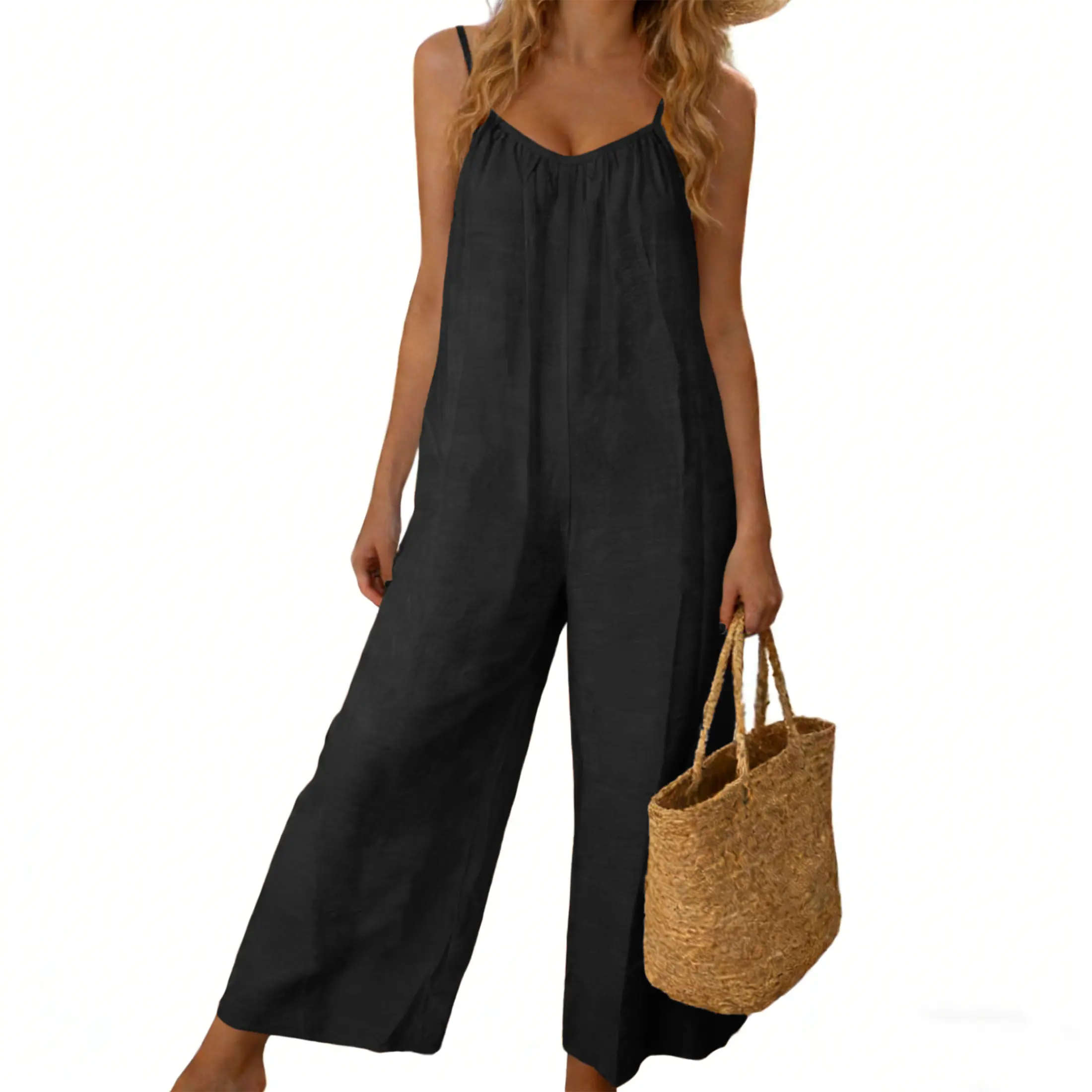 ⚡FINAL SALE⚡- Women's Sleeveless Tie-Back Long Wide-Leg Rompers with Side Pockets