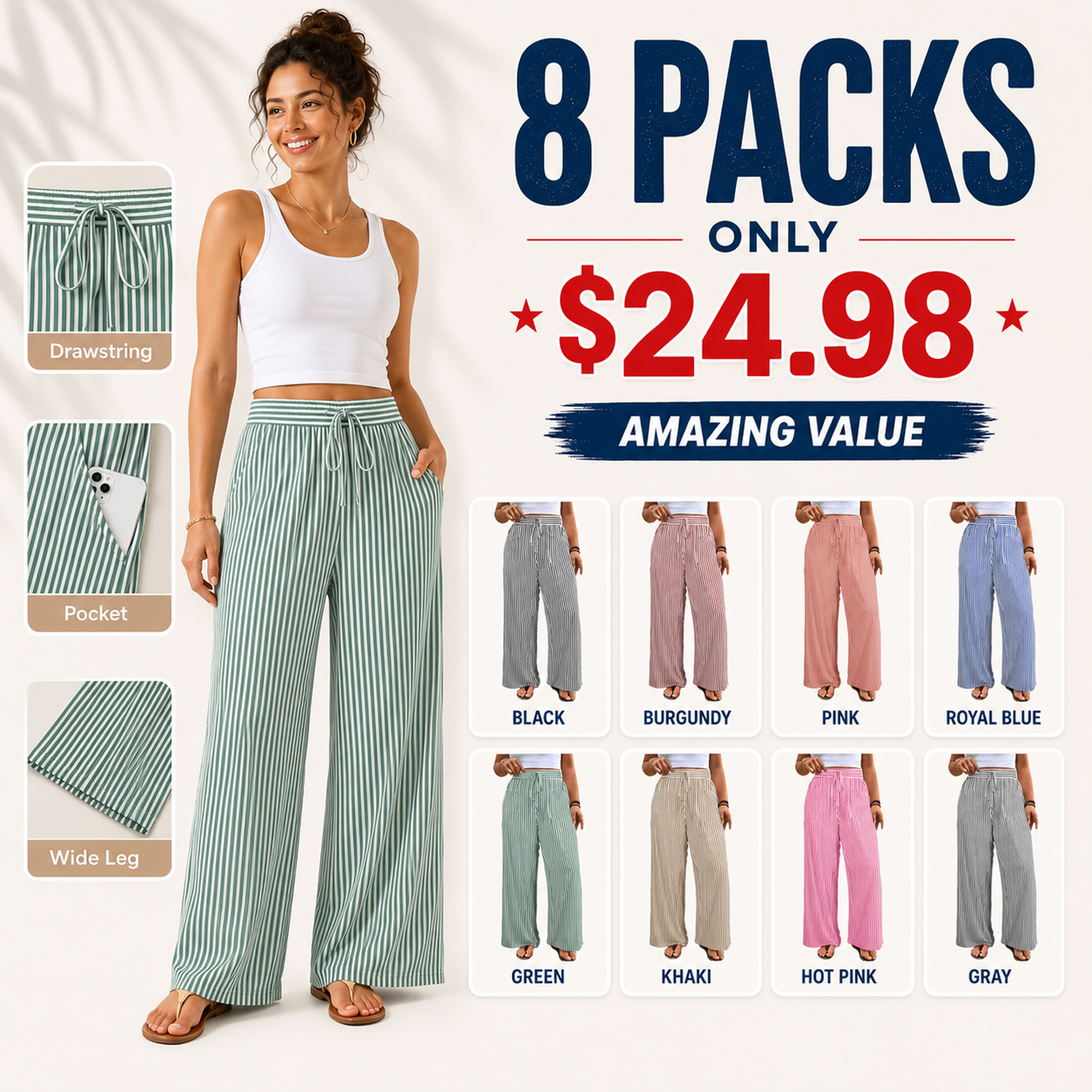 Women's Plus Size Wide Leg Pants Elastic High Waist Striped Casual Palazzo Pants Lounge Trouser with Pockets