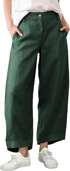 Women's Casual Baggy Linen Blend Pants, High Waisted Pull On Wide Leg Style with Pockets