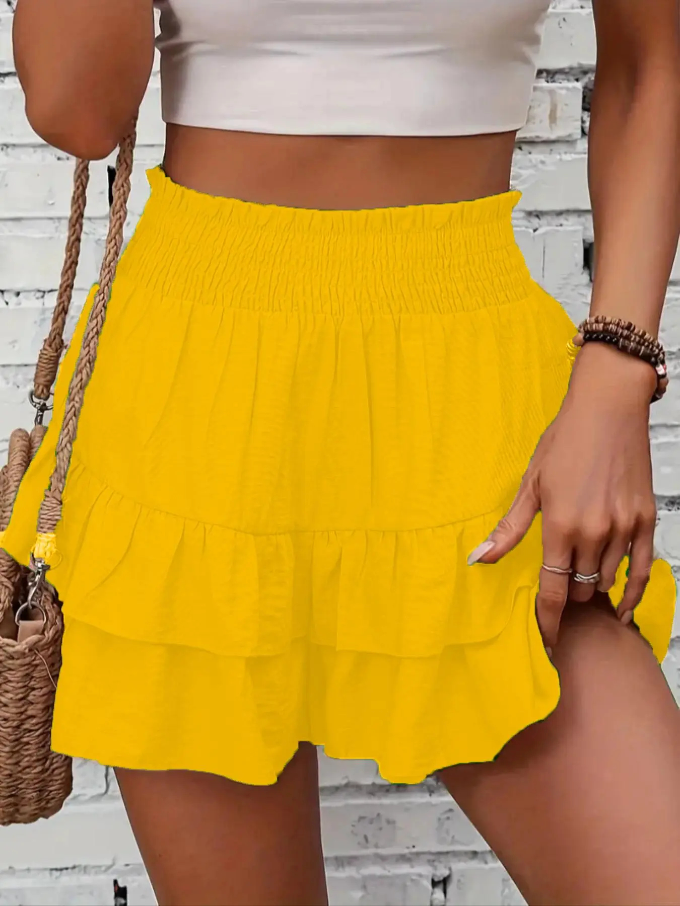 Women's Frill Trim Ruffle Hem Shirred High Waist Fit Shorts