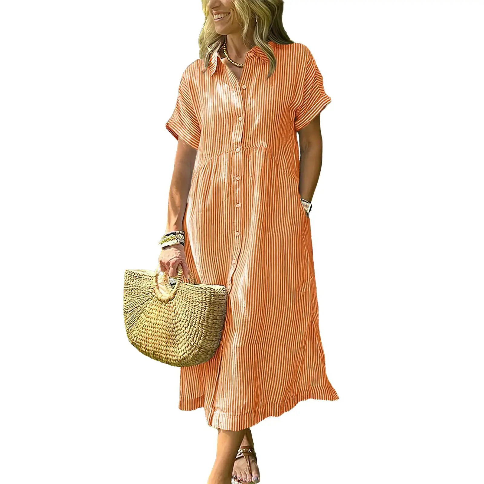 Women's Loose Midi Striped Shirt Dress