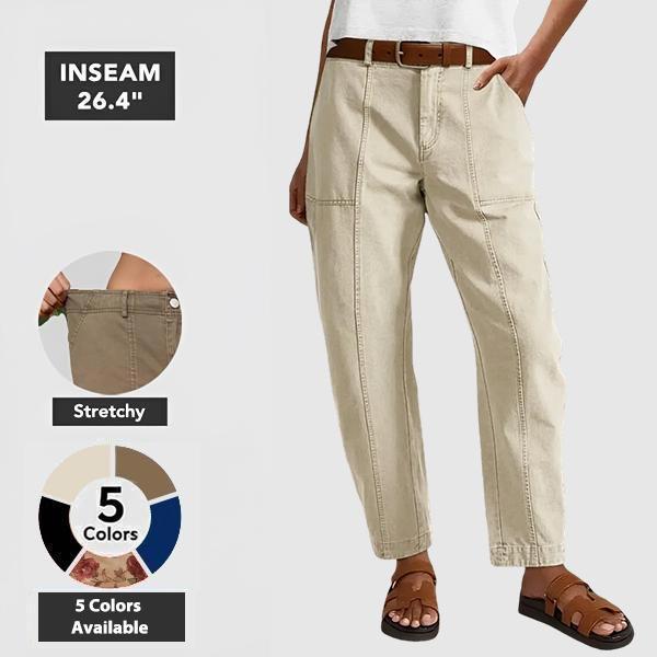 ⚡FINAL SALE⚡- Solid Stitch Detail Mid Waist Baby Barrel Fit Deep Pockets Pants
