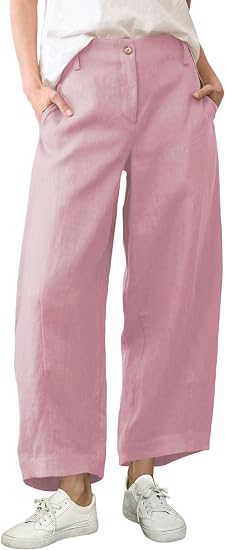 Women's Casual Baggy Linen Blend Pants, High Waisted Pull On Wide Leg Style with Pockets