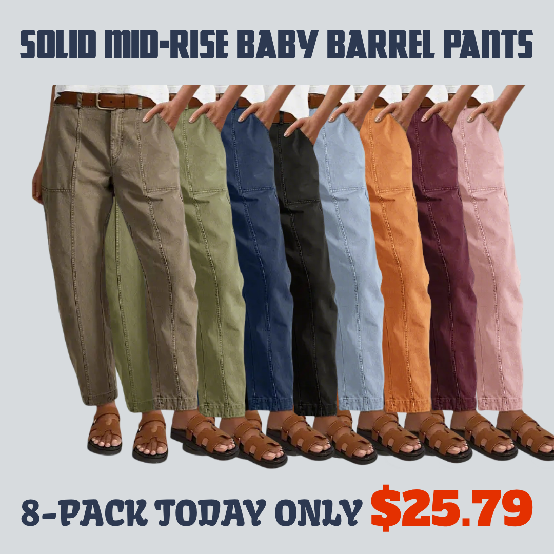 💝Last Day Promotion⚡- Solid Mid-Rise Baby Barrel Pants, High Stretch, Deep Pockets